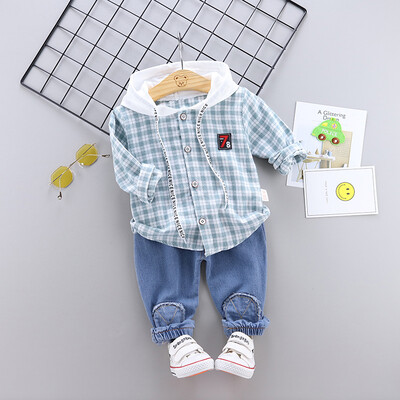 

Autumn Baby Boy Hoodie Clothes Set Kids Long Sleeve Plaid Hoodie Tops&Denim Pants 2pc Clothes For Kids Boys