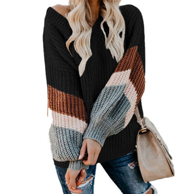 

Pullover Women Striped Stitching Knit Material Comfortable Soft Autumn Fashion New Wild Loose Long Sleeve Style Simple