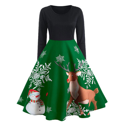 

Tailored Women Vintage Long Sleeve Christmas Print Housewife Evening Party Prom Dress