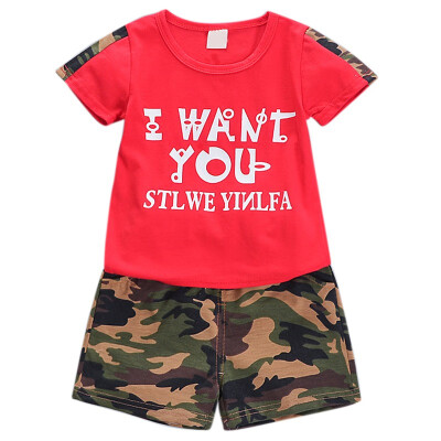 

2PcsSet Summer Children Baby Boys Casual Short Sleeve Letter Print T-shirt TopsCamouflage Shorts Suits Costume Set