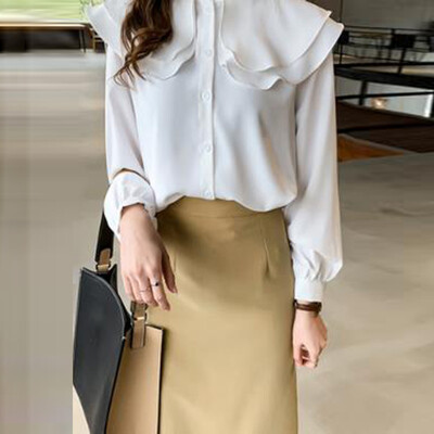 

Womens Long Sleeve Cotton Blouse Crew Neck Solid Loose Button Down Ruffled Tops