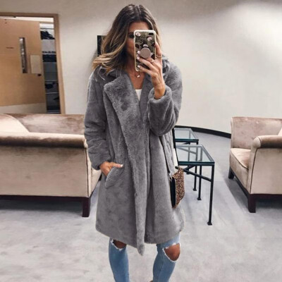 

Fashion Women Winter Fluffy Solid Color Coat Notched Collar Long Sleeve Concealed Button Pocket Faux Fur Thick Jacket Outerwear