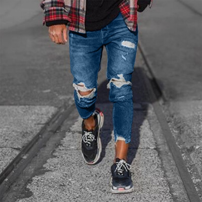 

Gobestart Mens Fashion Denim Cotton Straight Hole Trouser Distressed Jeans Long Pant