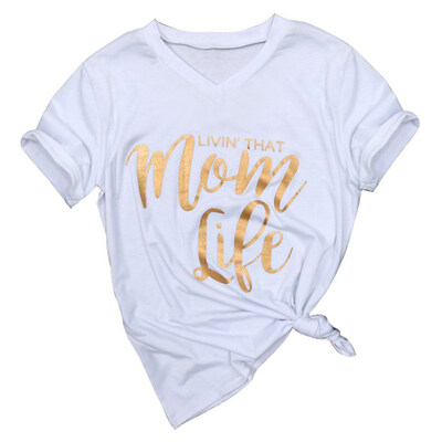 

Summer Mom Life Gilding Letter Print Womens Short Sleeve V Neck T-Shirt Top