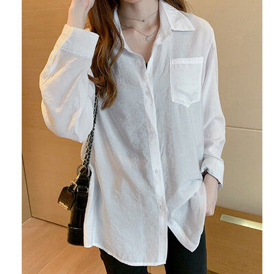 

EFINNY Autumn Solid Color Women Shirt Korean Style Loose Casual Lapel Long-sleeved Pocket Loose Blouse