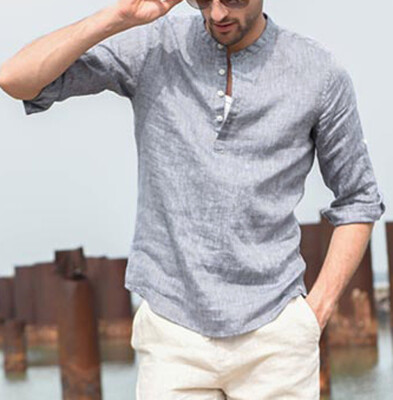 

Tailored Men Three Quarter Vintage Linen Solid Short Sleeve Retro T Shirts Tops Blouse