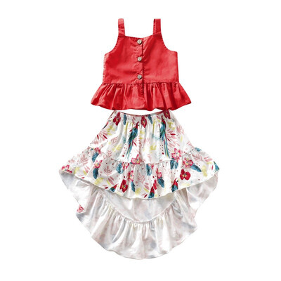 

Baby Girls Clothes Fashion Summer Strap Tops BlouseIrregular Design Floral Print Skirts Suits Kids Girls Clothes Costume Set