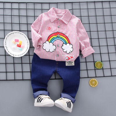 

Autumn Baby Boy Long Sleeve Rainbow Striped Pattern Soft Cotton Shirt TopsLong Trousers Toddler Outfits