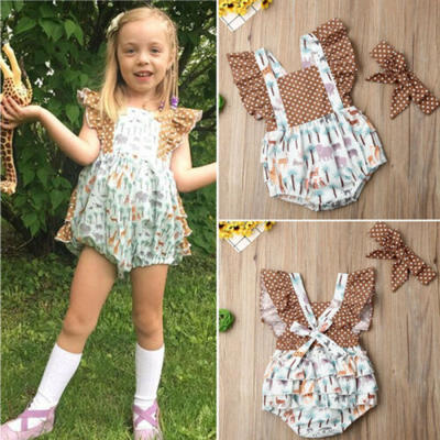 

2Pcs Kids Baby Girl Animal Print Ruffle Polka Dots Romper Bodysuit Clothes Set