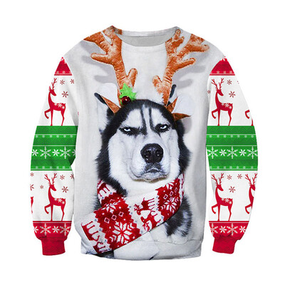 

Winter Hoodies Women Funny Husky Digital Christmas 3D Printed Couple Sweaters Round Neck Pullover Long Sleeve Casual Loose Tops