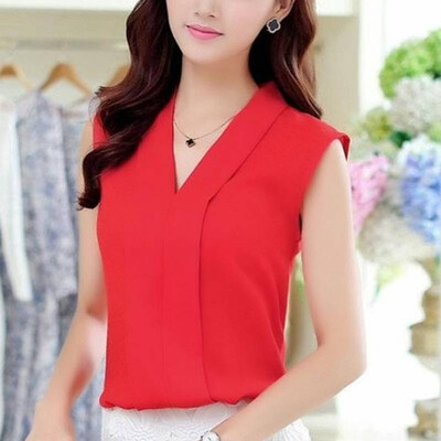 

2017 Spring Summer Women Chiffon Blouses Sexy Sleeveless V neck Woman Casual Loose Office Lady Top Female Shirt Blouse Female