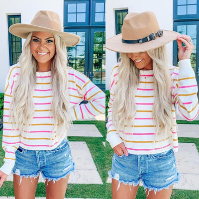 

Tailored Women Winter Sexy Color Stripe Sweatshirt Long Sleeve Pullover Blouse Shirt Top