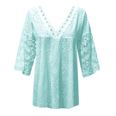 

Plus Large Size Women Shirts Blouses Long Sleeve V-Neck Sexy Blouse Tops Loose Hollow Out Lace Casual Shirt -5XL