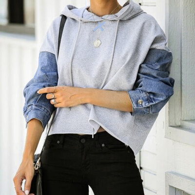 

Tailored Womens Cowboy Denim Patchwork Hooded Hoodies Sweatshirt Jumper Pullover Blouse