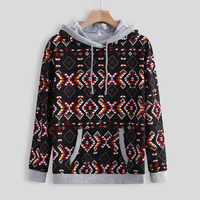 

Tailored Women Long Sleeve Patchwork Print Pocket Loose Hoodie Fleeces Winter Blouse
