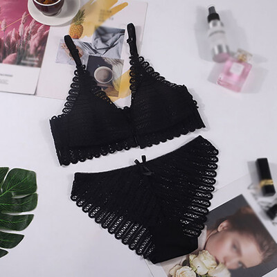 

1 Set Sexy Lace Triangle Cup Bra Sets For Women Thin Cotton Breathable Comfortable Underwear Solid Color Lingerie Set