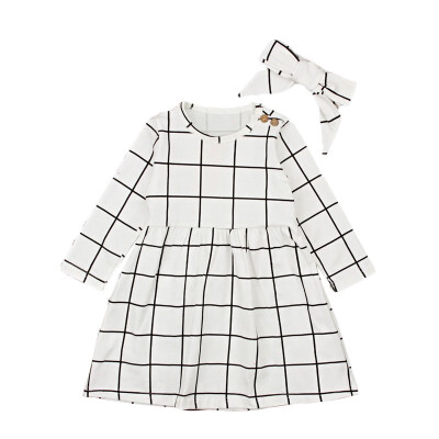 

2PCS Plaid Dress for Girls Clothes Spring Long Sleeve Plaid Kids Dress For Girls Bow Hair Band with Sweet Princess Dress