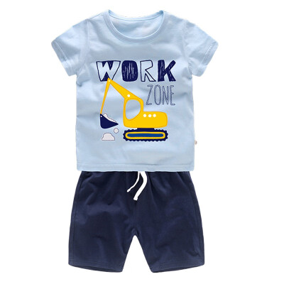 

Summer Kids Boys Cotton Short Sleeve Cartoon Excavator Pattern Tops T-shirtsShorts Casual Outfits Sets