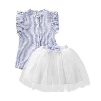 

Above Knee 1-6T Cotton O-Neck Summer Casual Fashion Girl Sleeveless Striped Blouse And Mesh Dress Kit Kid Two-piece Outfit Set