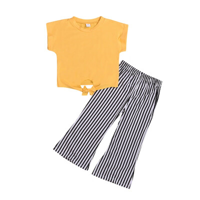 

2PcsSet Summer Baby Girls Casual Solid Color Short Sleeve T-shirt TopsStriped Print Pants Suits Costume Set