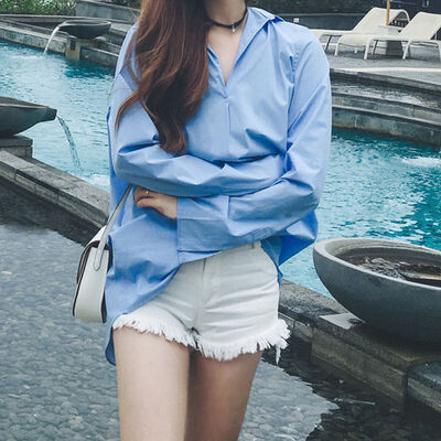 

Autumn Women Shirts New V-neck Harajuku Loose Blouse Long Sleeve Split Cuff Shirt Fashion Solid Color Blouses