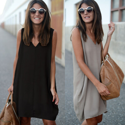 

New Fashion Women Tank Mini Dress V Neck High Low Hem Loose Casual Asymmetric Shift Dress BlackGrey