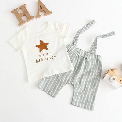 

Handsome Summer Baby Boys Short Sleeve Letter Print Tops T-shirt Strap Striped Shorts Toddler Casual Outfits Sets