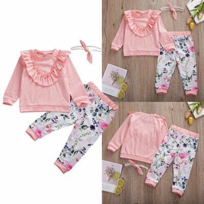 

US Toddler Baby Girl Kids Ruffles Tops Floral Pants Headband Cotton Clothes Sets