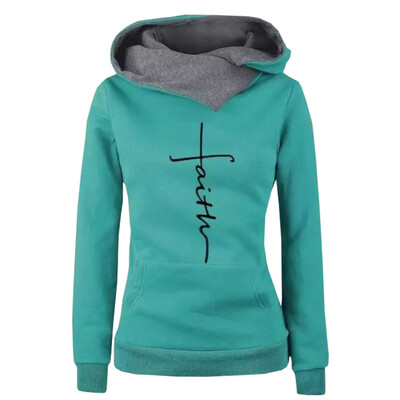

Autumn And Winter Fashion Faith Print Hoodies Lapel High Collar Long Sleeve Hooded Sweatshirts Casual Pullover Tops Sweater