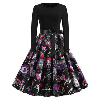 

Halloween Print Long Sleeve Crew Neck Dress vestidos de verano High Waist Floral Skull Printed Skirt Vintage Dress