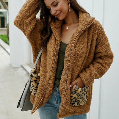 

Womens Warm Teddy Bear Pocket Fluffy Fleece Fur Jacket Coat Oversized Outwear