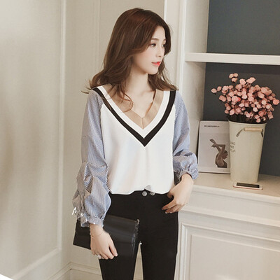 

Women V-neck Striped Long Sleeve Pullover Tops Loose Business Work Shirt Blouse