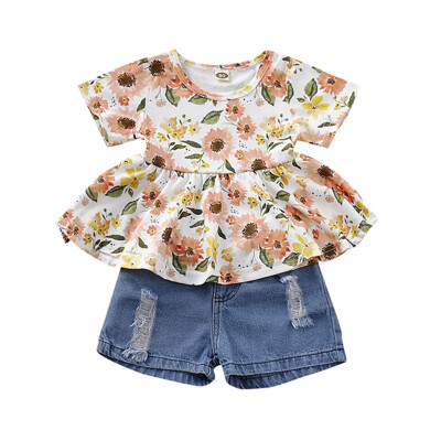 

Kids Girls Clothes Summer Girls Clothing Set Blossom Floral Tops Short Sleeve T-shirt Casual Worn Denim Shorts Clothes Set