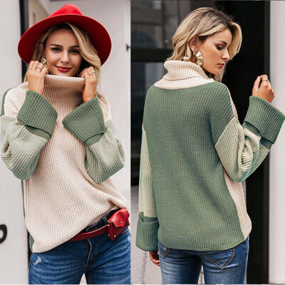 

Tailored Women Knitting Pullover Casual Colour Stitching Long Sleeve High Collar Sweater