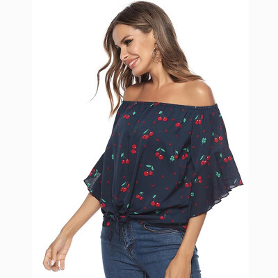 

2019 Women Fashion Concise Casual Sweet Flower Printed Strapless Chiffon All-match Shirts