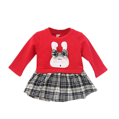 

0-6Y Baby Girls A-Line Dress Long Sleeve Preppy Style Clothes Cartoon Rabbit Lattice Stitching Cotton Children Clothing