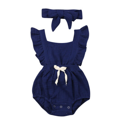 

2PcsSet Summer Newborn Baby Girls Boys Rompers Set Flare Sleeve Solid Print With Headband