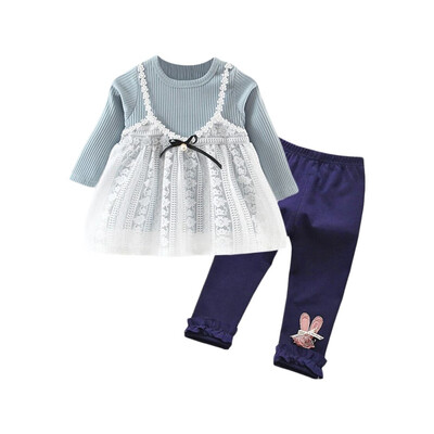 

New Autumn Baby Girls Clothes 0-4T Casual Fake 2 Piece Long Sleeve T-shirt TopsPants Suits Costume Set