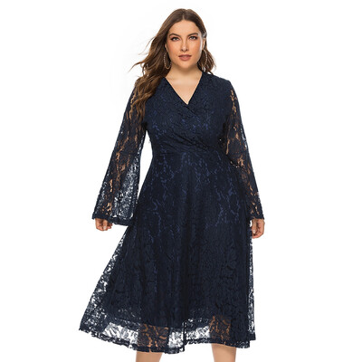 

Plus Size Women Dress V Neck Hollow out Lace Flare Sleeve