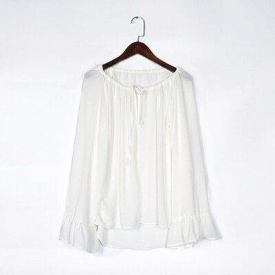 

Loose Shirt White Slash Neck Casual Women Lace Up Blouse Long Ruffle Sleeve Solid Off Shoulder Pullover Tops
