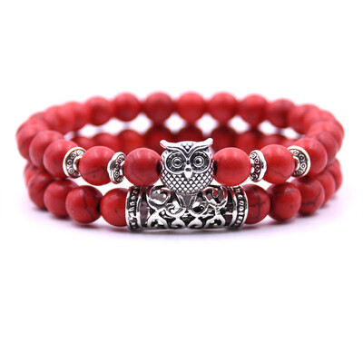 

18 Colors 2PcsSet Owl Lava Stone Bracelet Set Tiger Eye Stone Charm Bracelets Bangles