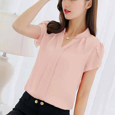 

Plus Size 3XL Fashion Women Chiffon Solid V-Neck Short Sleeves Shirts Casual Modern Simple Style Blouses