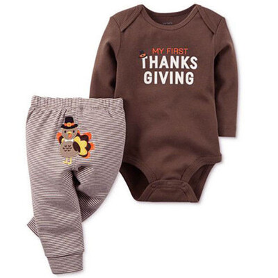 

My First Thanksgiving Baby Boy Girl Outfit RomperStriped Turkey Pants 2Pcs