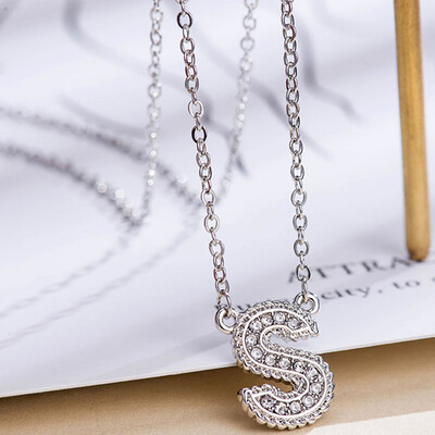 

Fashion Women 26 Double Sided English Alphabet Diamond Silver Color Necklace