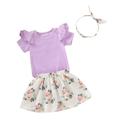 

2PcsSet Summer Baby Girl Casual Short Sleeve Romper Tops Floral Short Skirt With Headband Outfits Set