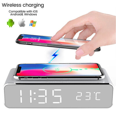 

NEW 3 in 1 Wireless Charger & LED Digital Alarm Clock & Thermometer Modern Wooden Design Qi Wireless Charging Pad Desk Clock