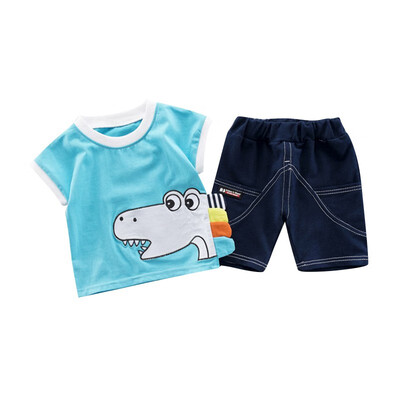 

Summer Baby Boys Short Sleeve Cartoon Dinosaur Print Tops T-shirt Denim Shorts Toddler Casual Outfits Sets
