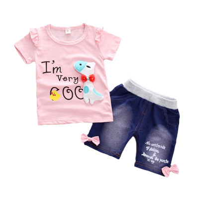 

2Pcs Childrens Sets Summer Girls T-shirt Shorts Set Cute Cartoon Dogs Print Casual T-shirt Denim Pant Girls Clothes Set Summer