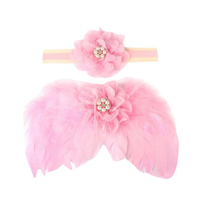 

Newborn Baby Angel Feather Wing With Lace Flower Headband Set Photo Props Outfit Costume