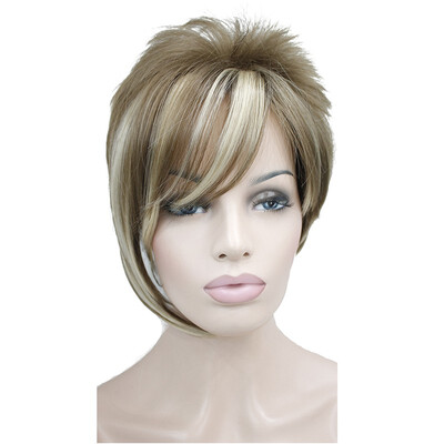 

StrongBeauty Brown with Highlights Inclined Bangs Short Straight Synthetic Hair Wig For Girl